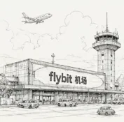 FlyBit 机场航站楼插画，浮世绘风格